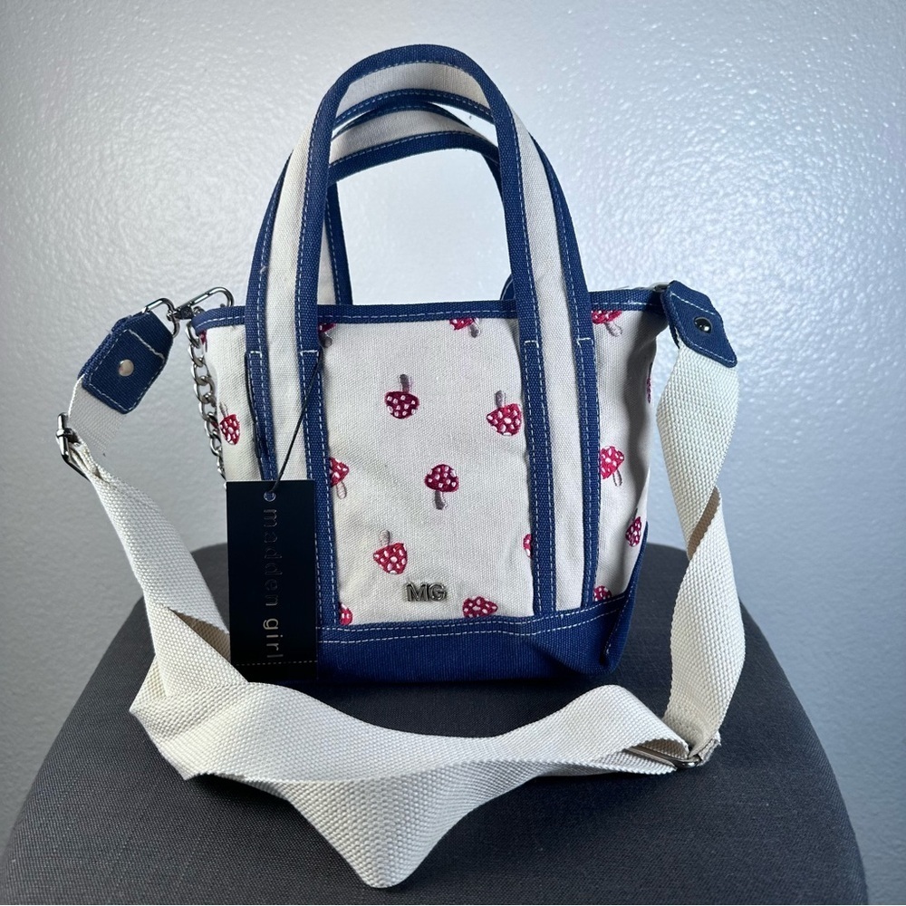 Madden Girl Mini Tote Mushroom Navy Blue Teddy Bear Jeweled Keychains - Picture 6 of 7
